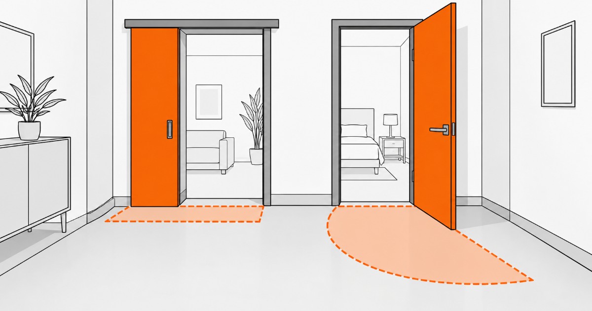 Posuvné a klasické otevřené dveře vedle sebe s vyznačenou zabranou plochou na podlaze